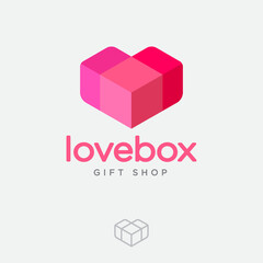Love Box logo. Gift and presents shop. Pink-red heart like box. 3D illusion. Contour option.