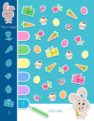 Adorable counting game suitable for preschool and school children - Easter theme activity page - Cute bunny and easter elements

