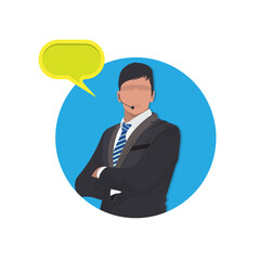 Support service. Call center support .Operator of call center. Customer service character. Client services and communication. Speech bubbles conceptual of client services and communication.