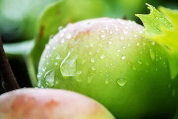 Green apples in the fresh air. Early dew on apples