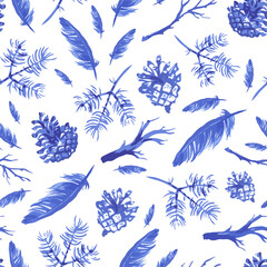 Seamless pattern with hand drawn feathers and branches, pine cones. Isolated objects. Vector background