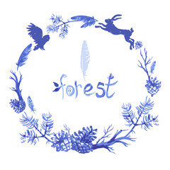 Print Design. Hand drawn forest elements with pine cones, branches, feathers isolated on white background.