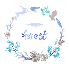 Print Design. Hand drawn forest elements with pine cones, branches, feathers isolated on white background.