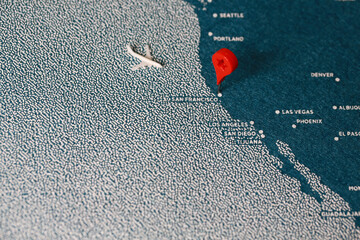 handmade travel felt painted blue map with push pin, america