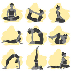 Set of woman doing yoga fitness workout  in various poses, shape of slim girl practicing yoga stretching exercises. Vector illustration Collection of yoga pose positions