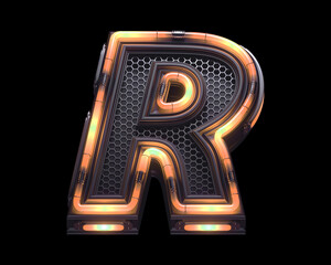 Futuristic orange light font. Letter R