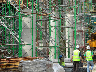 SEREMBAN, MALAYSIA -MAY 24, 2020: Temporary access and metal staircase made from staging,...