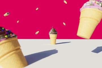 Ice-cream waffle cones, cream twist Strawberry and Chocolate flavor on red background render from 3d.