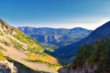 Timpanogos hiking trail landscape views in Uinta Wasatch Cache National Forest, around Utah Lake, in the Rocky Mountains in fall. Views of Midway, Heber, Provo city, Salt Lake and Utah County. USA.