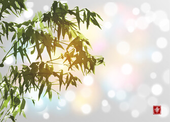 Obraz premium Ink wash painting of green bamboo on white glowing background. Traditional oriental ink painting sumi-e, u-sin, go-hua. Hieroglyph - happiness.