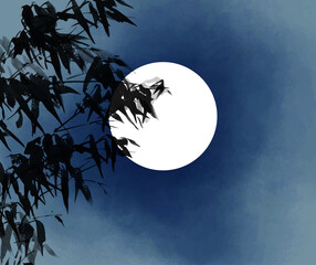 Tuschemalerei von Bambus und dem Mond. Traditionelle orientalische Tuschemalerei sumi-e, u-sin, go-hua. © elinacious