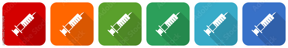 Poster Syringe, injection icon set, flat design vector illustration in 6 colors options for webdesign and mobile applications