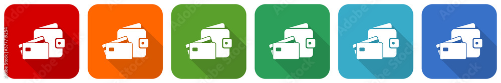 Poster wallet and credit cards, business icon set, flat design vector illustration in 6 colors options for 