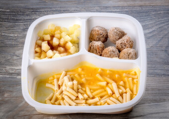 Frozen TV dinner with ice crystals on the food