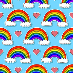 Bright colorful rainbows with clouds and pink hearts isolated on a blue background. Childish cute seamless pattern. Vector flat graphic hand drawn illustration. Texture.