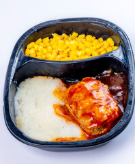 Meatloaf TV dinner with potatoes and corn