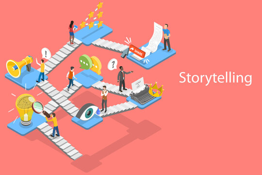 Storytelling Guide, Creative Content Writing and Blogging, Digital Marketing. 3D Isometric Flat Vector Conceptual Illustration.