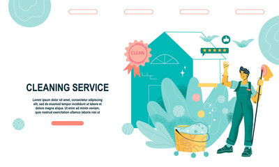 Cleaning company website template with cartoon character of cleaner. Web banner or landing page  for cleaning service and household staff hiring, flat cartoon vector illustration.