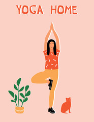 Woman doing yoga at home. Illustration with pose Tree Pose, Vrikshasana.
