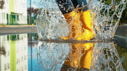 CLOSE UP: Carefree young woman in yellow rain boots jumps into the big puddle.