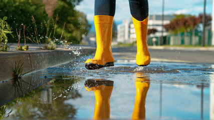 LOW ANGLE: Happy woman wearing yellow rain boots runs across a glassy puddle.