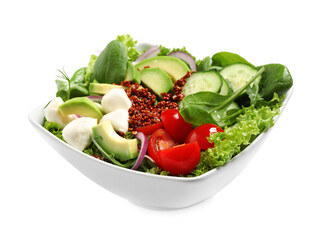 Delicious salad with avocado and quinoa in bowl on white background