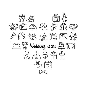 Set of wedding icons on white background, vector illustration