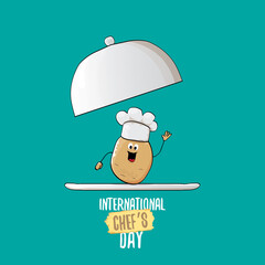 International chef day greeting card or banner. vector funny cartoon tiny brown smiling chef potato with chef hat isolated on azure background.