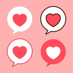 Collection of speech bubbles with cute heart shape on pink background. Expression, conversation, or feeling concept about love. Valentine-related elements. Vector graphic icon set design.