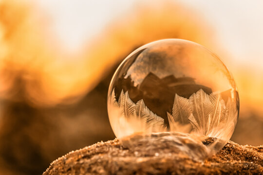 Frozen soap bubble at sunrise