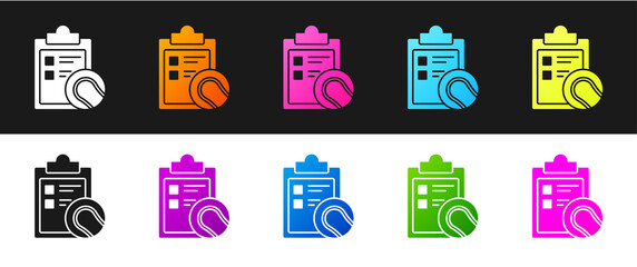 Set Checklist clipboard and tennis ball icon isolated on black and white background. Sport equipment. Vector Illustration.