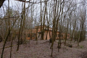 Abandoned brick buildings among trees in the Chernobyl radiation contamination zone.