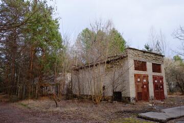 An abandoned brick building among the trees in the Chernobyl exclusion zone.