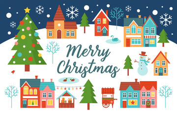 Obraz na płótnie Canvas Merry Christmas greeting card design with country village landscape and Christmas tree. Flat style cartoon illustration