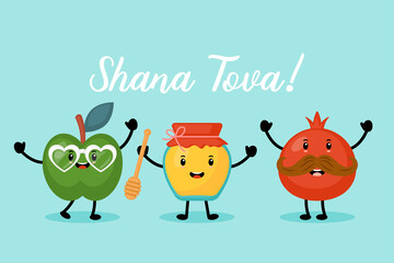 Jewish holiday Rosh Hashanah greeting card design with honey, apple and pomegranate funny cartoon characters. Vector illustration