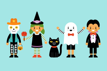 Cute Halloween children in costumes character set. Greeting card design. Flat style cartoon illustration