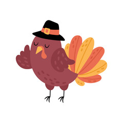 Thanksgiving holiday cute turkey character design. Childish print for cards, stickers and party invitations. Vector illustration