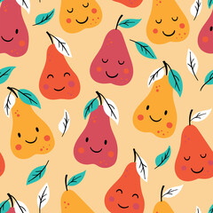 Seamless pattern for autumn season with cute pears.