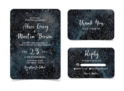 set of abstract deep space with starry galaxy wedding invitation card