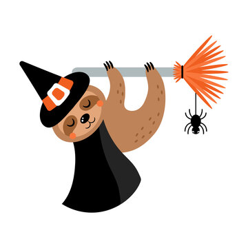 Cute Halloween Sloth Character In Witch Costume. Flat Style Cartoon Illustration