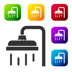 Black Shower head with water drops flowing icon isolated on white background. Set icons in color square buttons. Vector Illustration.