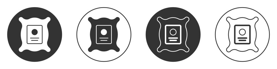 Black Pack full of seeds of a specific plant icon isolated on white background. Circle button. Vector Illustration.