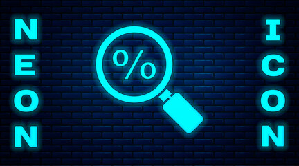 Glowing neon Magnifying glass with percent icon isolated on brick wall background. Discount offers searching. Search for discount sale sign. Vector Illustration.
