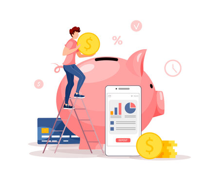 Piggy Bank In The Form Of A Piglet, Phone And Man With Coin On The Stairs. Money Saving Or Accumulating, Financial Services, Mobile App, Internet Banking Concept. Isolated Vector Illustration.