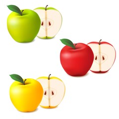 3d realistic apples vector set, whole and sliced, half red, green and yellow apple on white background isolated detailed illustration.