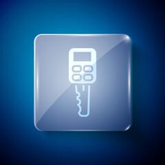 White Car key with remote icon isolated on blue background. Car key and alarm system. Square glass panels. Vector Illustration.