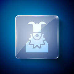 White Joker head icon isolated on blue background. Jester sign. Square glass panels. Vector.