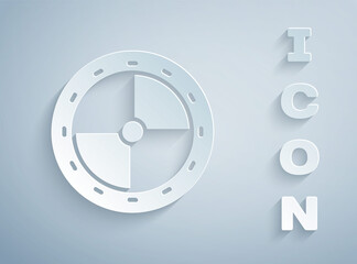 Paper cut Round wooden shield icon isolated on grey background. Security, safety, protection, privacy, guard concept. Paper art style. Vector.