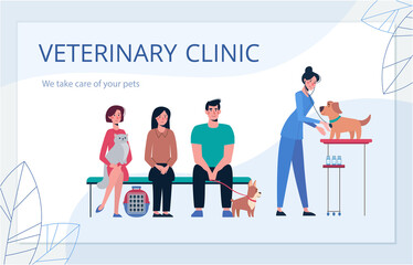 business card for veterinary clinic. Illustration with a veterinarian who takes care of the dog, and pet owners. Vector in flat style, banner