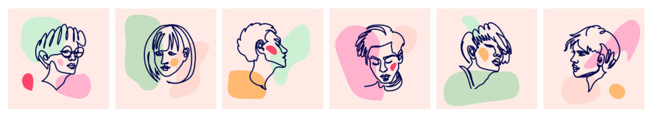 Set of various faces and abstract shapes. Vector hand drawn trendy illustrations. Line art, continuous line,  elegant outline faces. Minimalistic illustrations are isolated on white